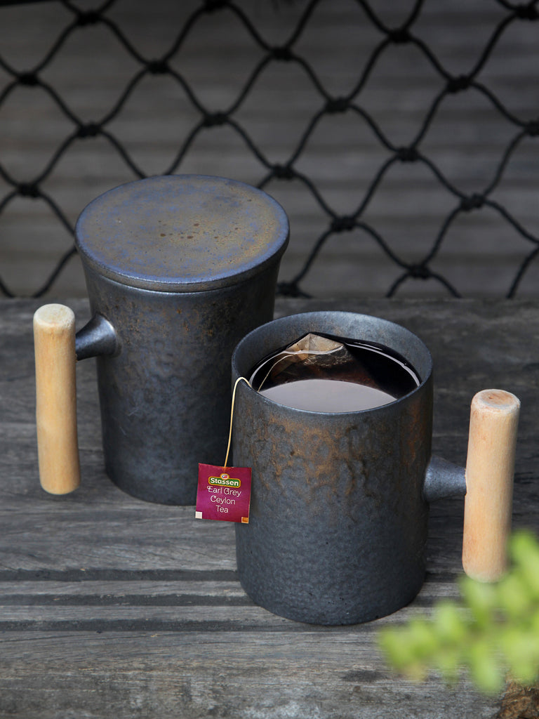ceramic coffee mug with lid-iron glaze wooden handle classical 3