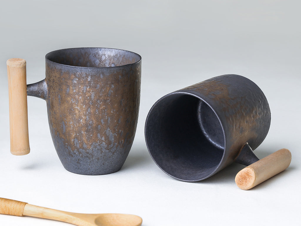 handmade ceramic mug-iron glaze wooden handle retro 0