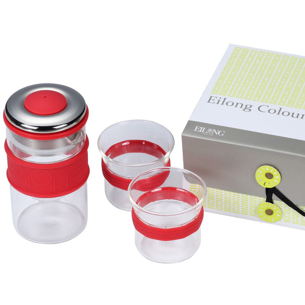 Glass Tea Set-Colourful Ring Gift Set 3 Pieces Red