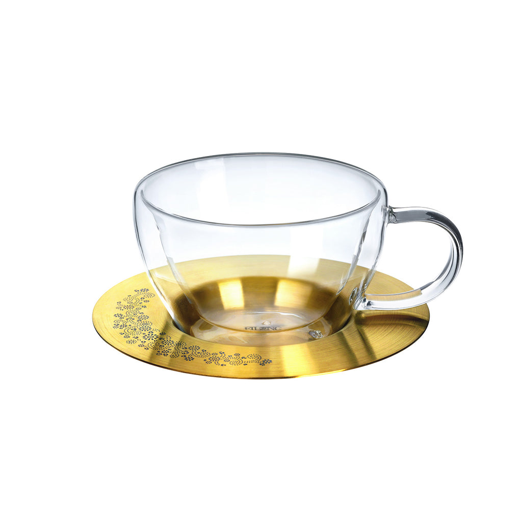 Aurora Double Wall Glass Cup & Saucer - gold