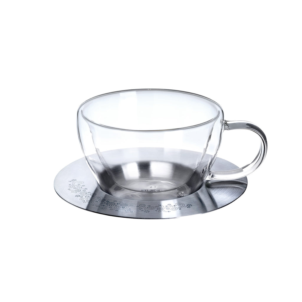 Aurora Double Wall Glass Cup & Saucer - silver
