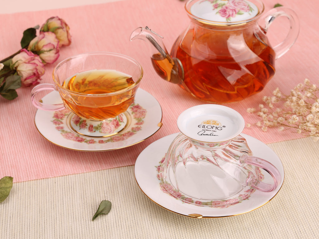 Glass Cup and Saucer Set-Fusion Rose 5oz 3