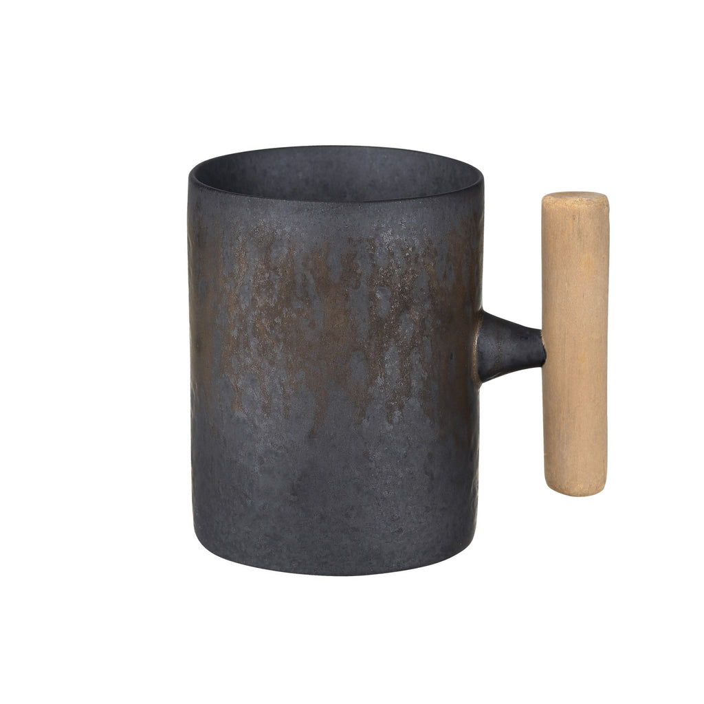 handmade pottery mug-iron glaze wooden handle straight