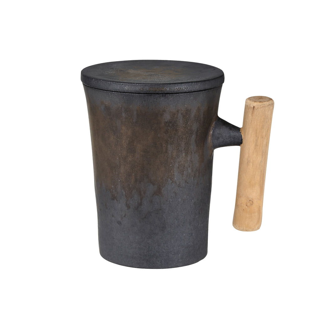 ceramic coffee mug with lid-iron glaze wooden handle classical