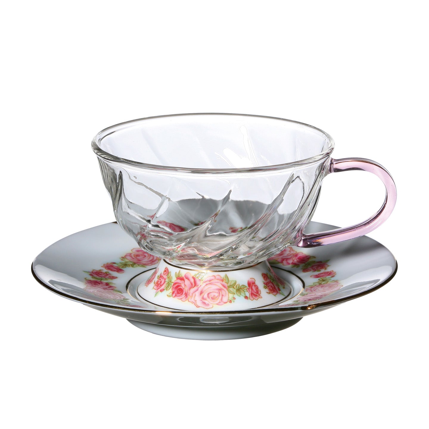 Set 4 Crystal Tea Cups with Saucer Heart Pearl Pink 180ml